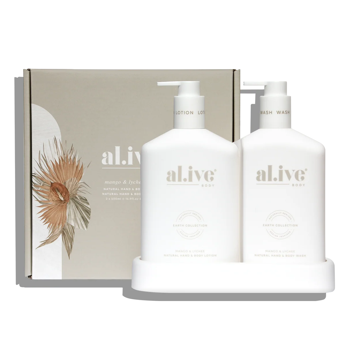 Two white bottles with 'al.i.v.e' branding on a white background