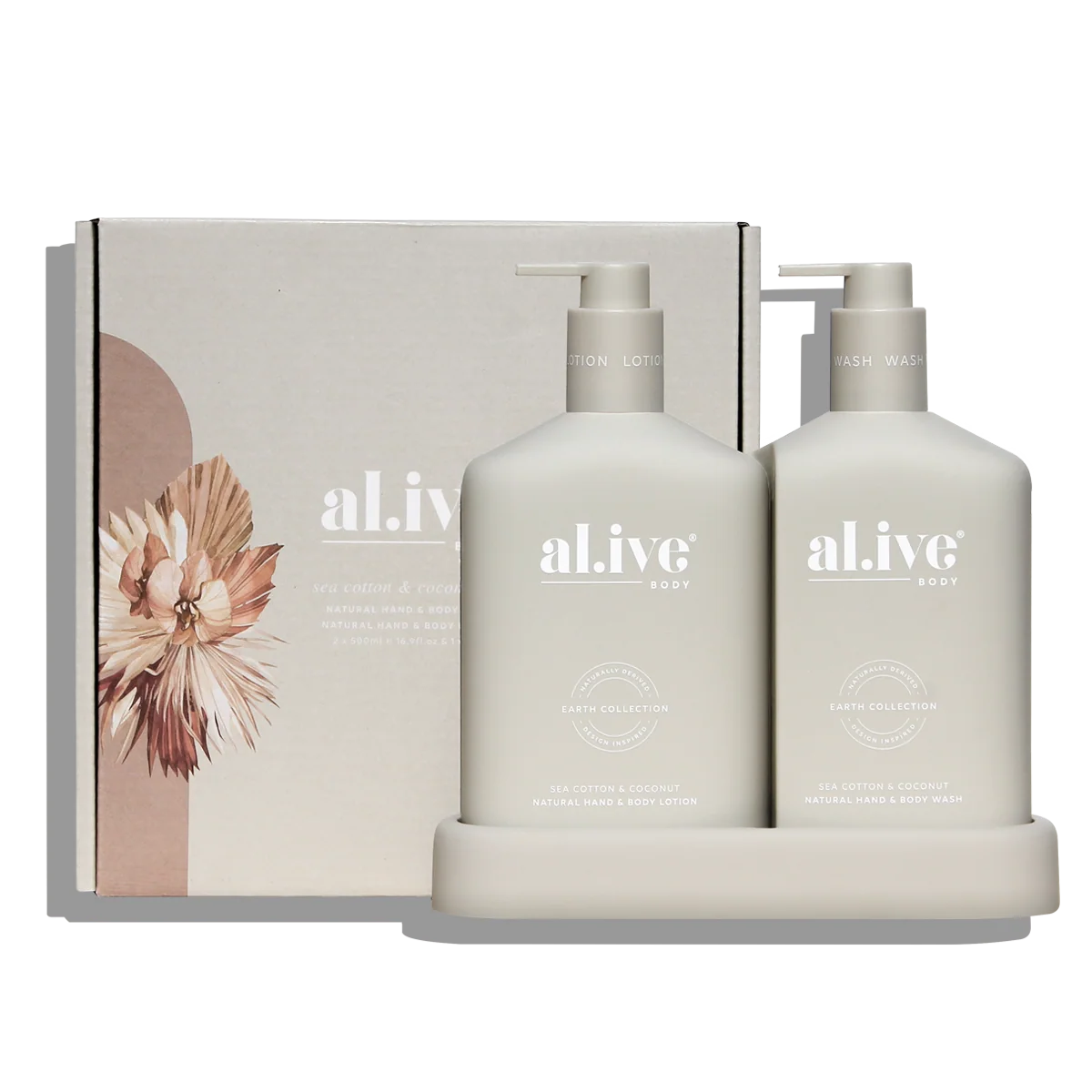 Two bottles of 'al.i.v' body wash with a decorative box on a white background