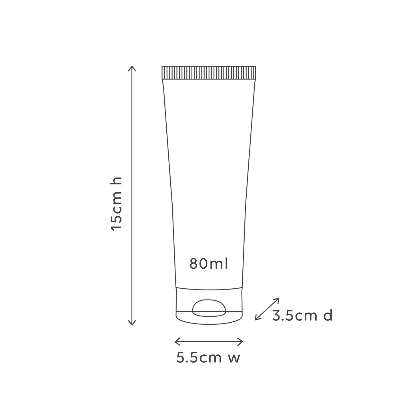 Measurement chart of a 80ml tube with dimensions labeled