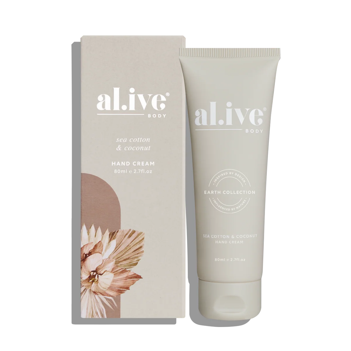A tube of al.ive Body Sea Cotton & Coconut Hand Cream stands next to its matching beige packaging box on a clean white background.