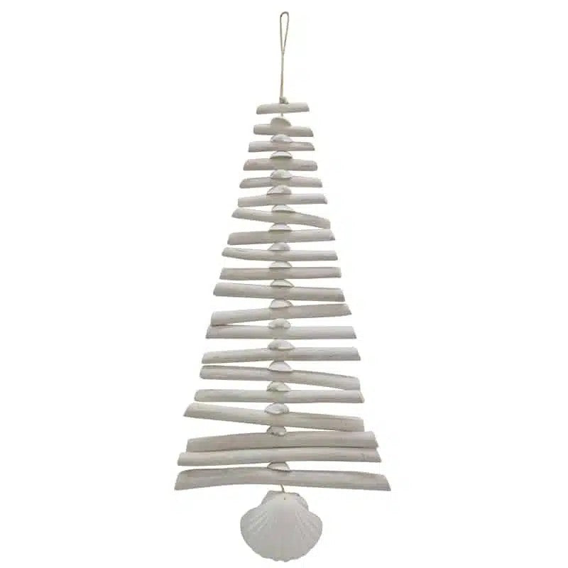 tree stacked white driftwood pieces with a shell at the bottom