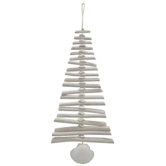 tree stacked white driftwood pieces with a shell at the bottom