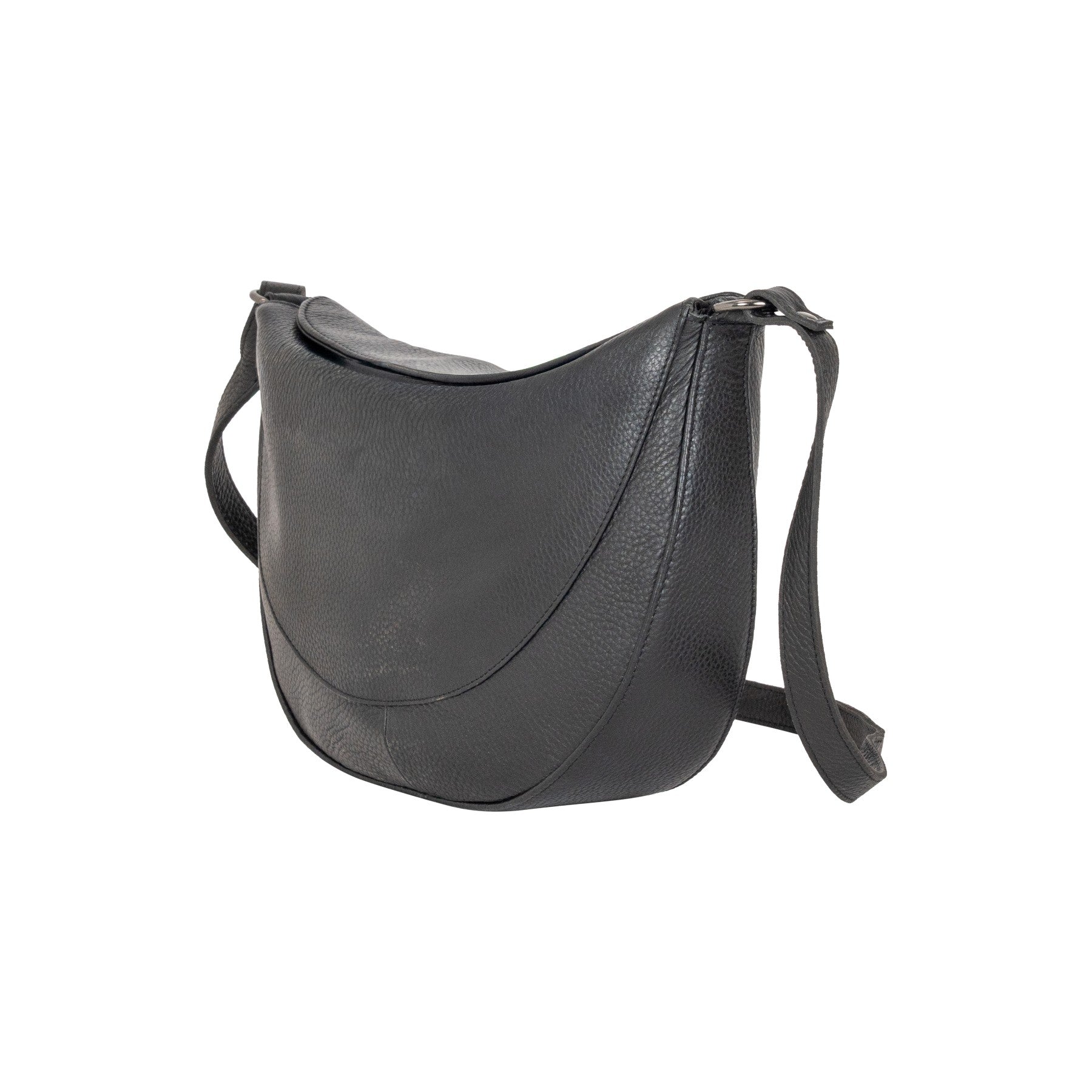 Black leather saddle bag on a white background