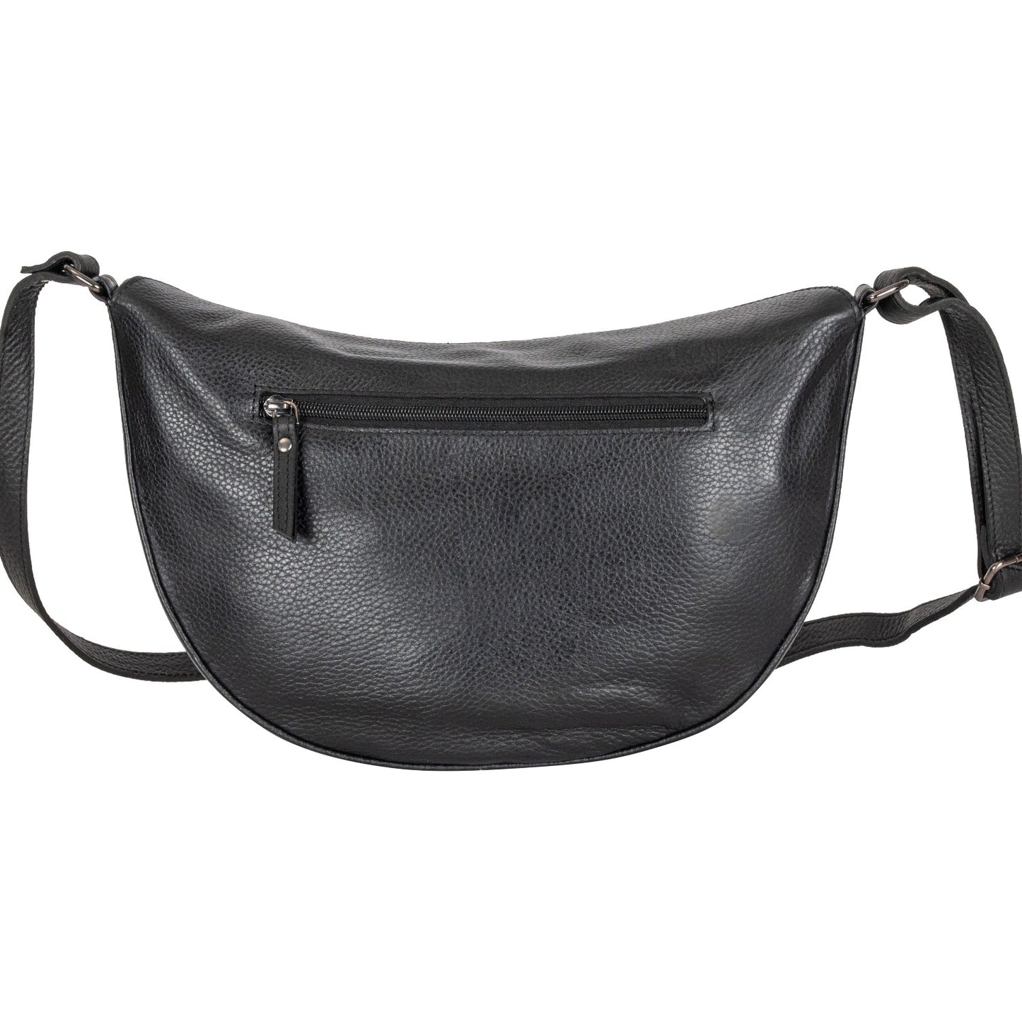 Black leather crossbody bag on a white background