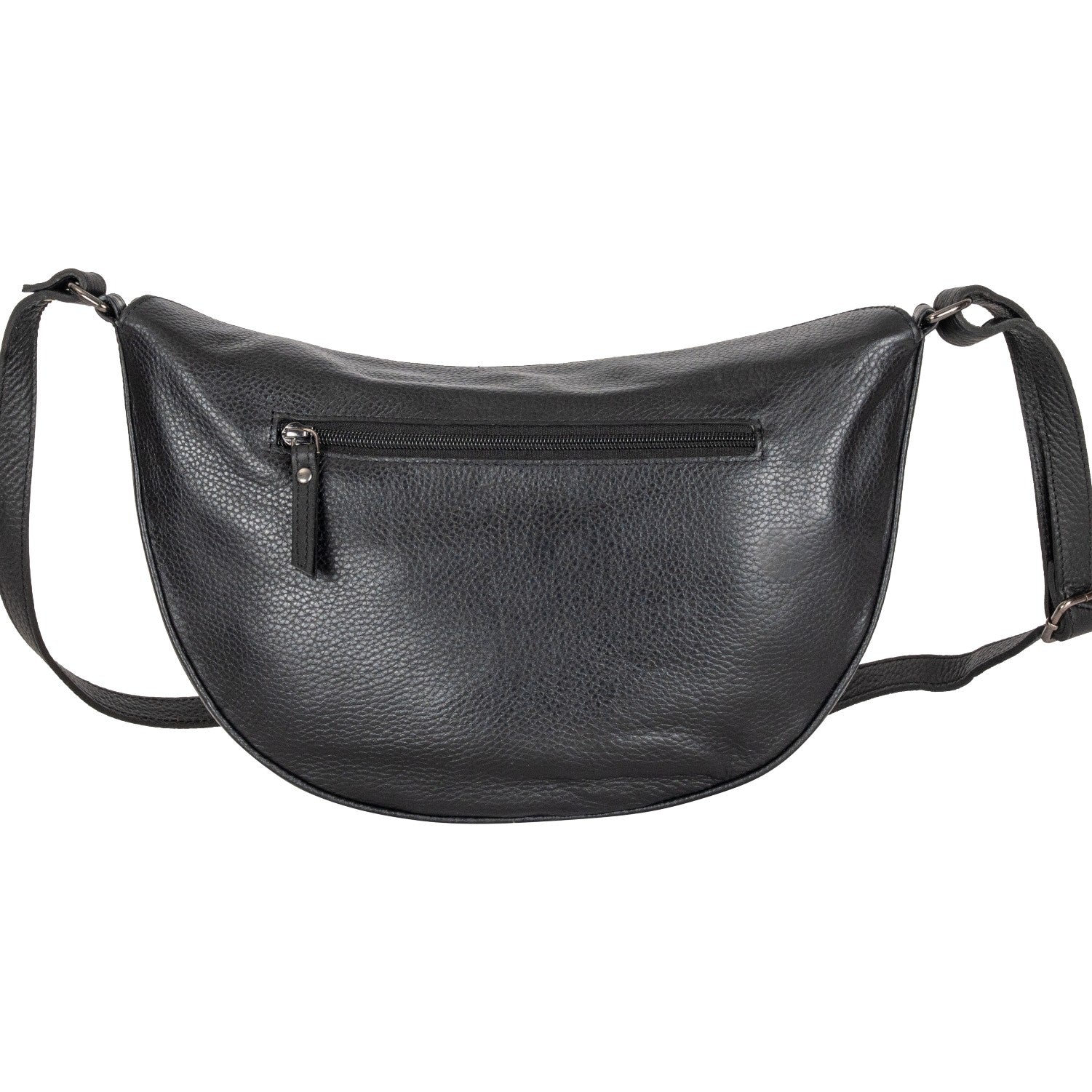 Black leather crossbody bag on a white background