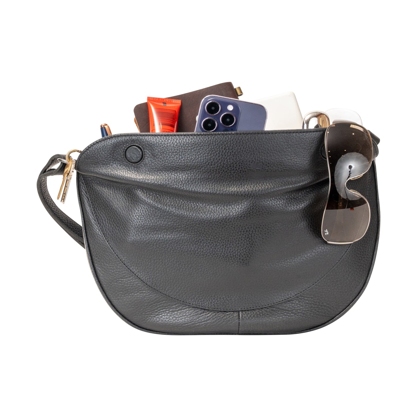 Black leather handbag with a padlock on a white background
