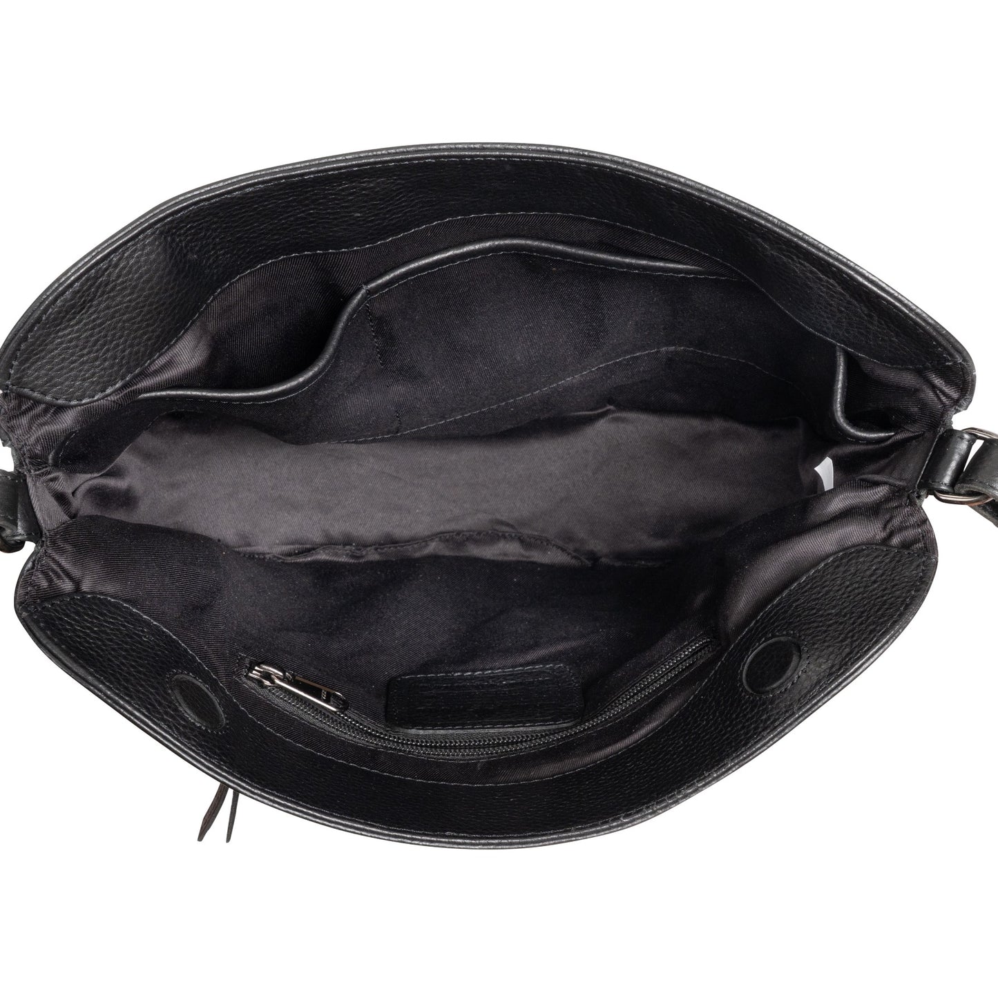 Black leather handbag with open lid showing interior on a white background