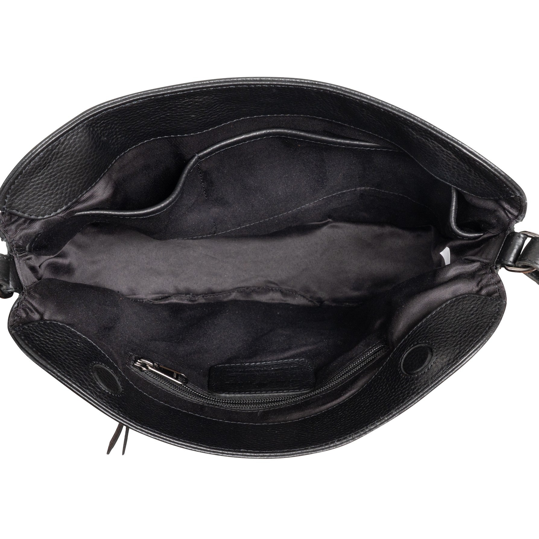 Black leather handbag with open lid showing interior on a white background