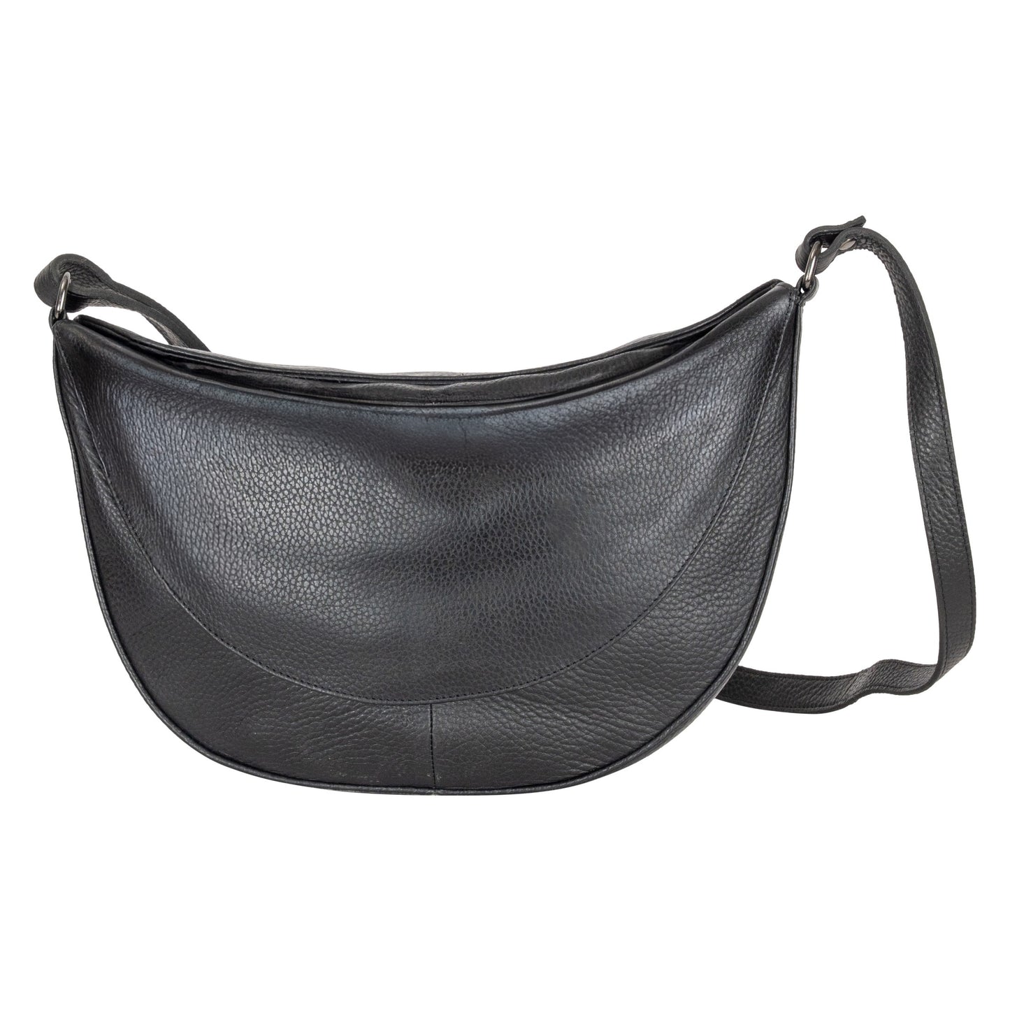 Black leather shoulder bag on a white background