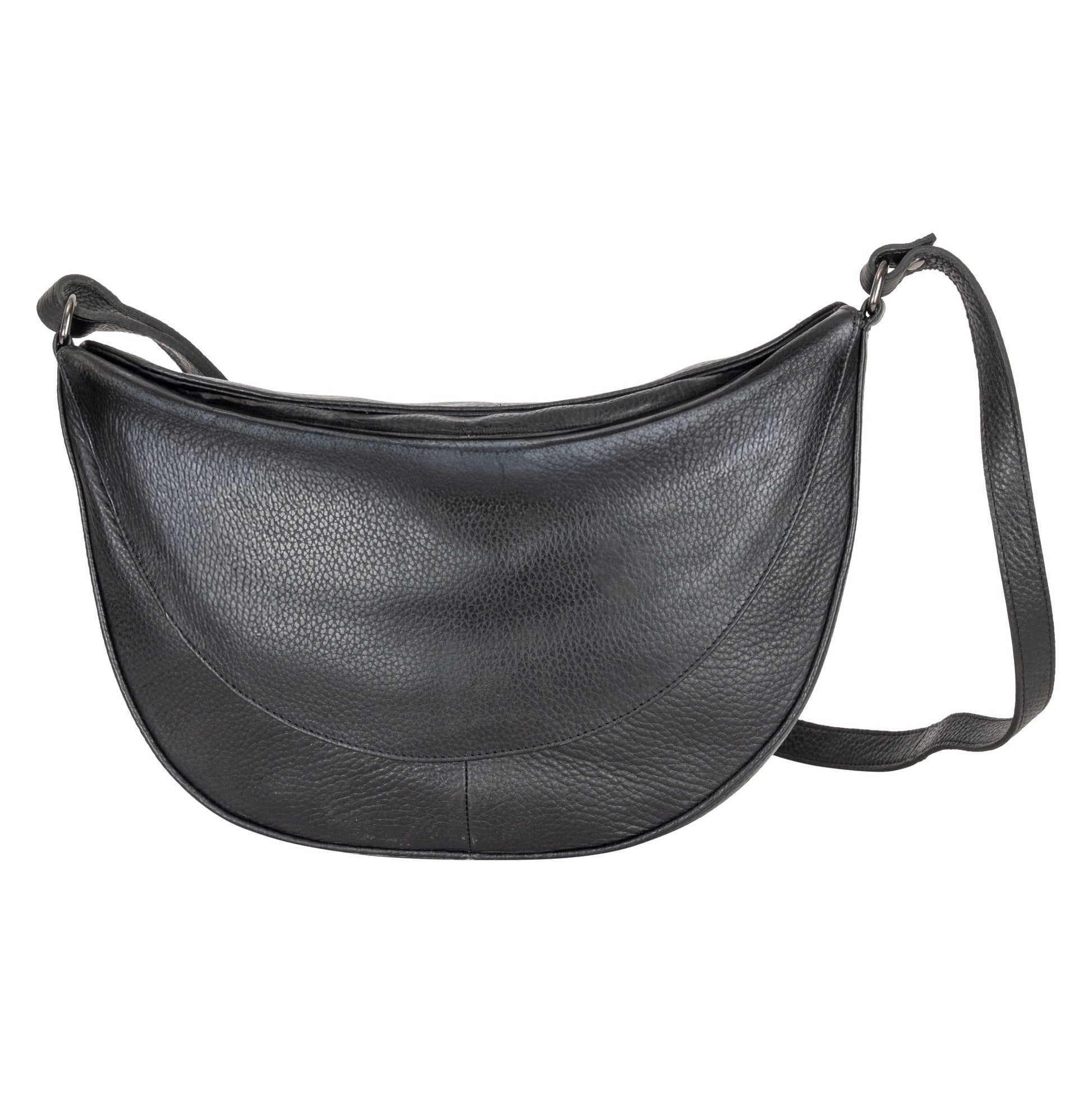 Black leather shoulder bag on a white background