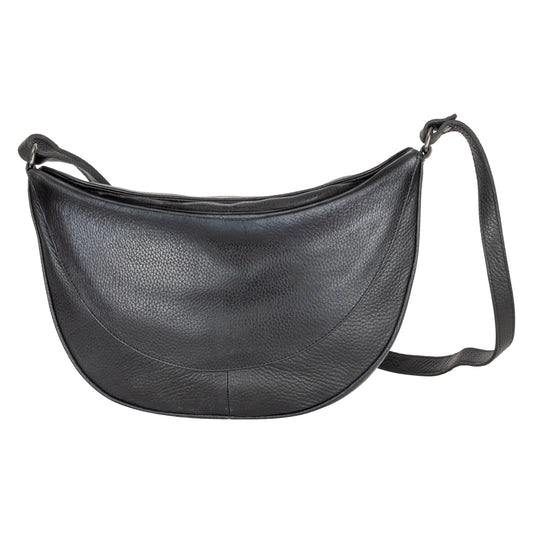 Black leather shoulder bag on a white background