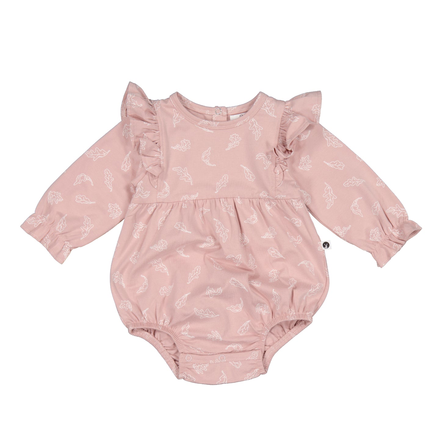 A pink long-sleeved baby romper with a subtle floral print, featuring a ruffled design at the chest and seat area.

