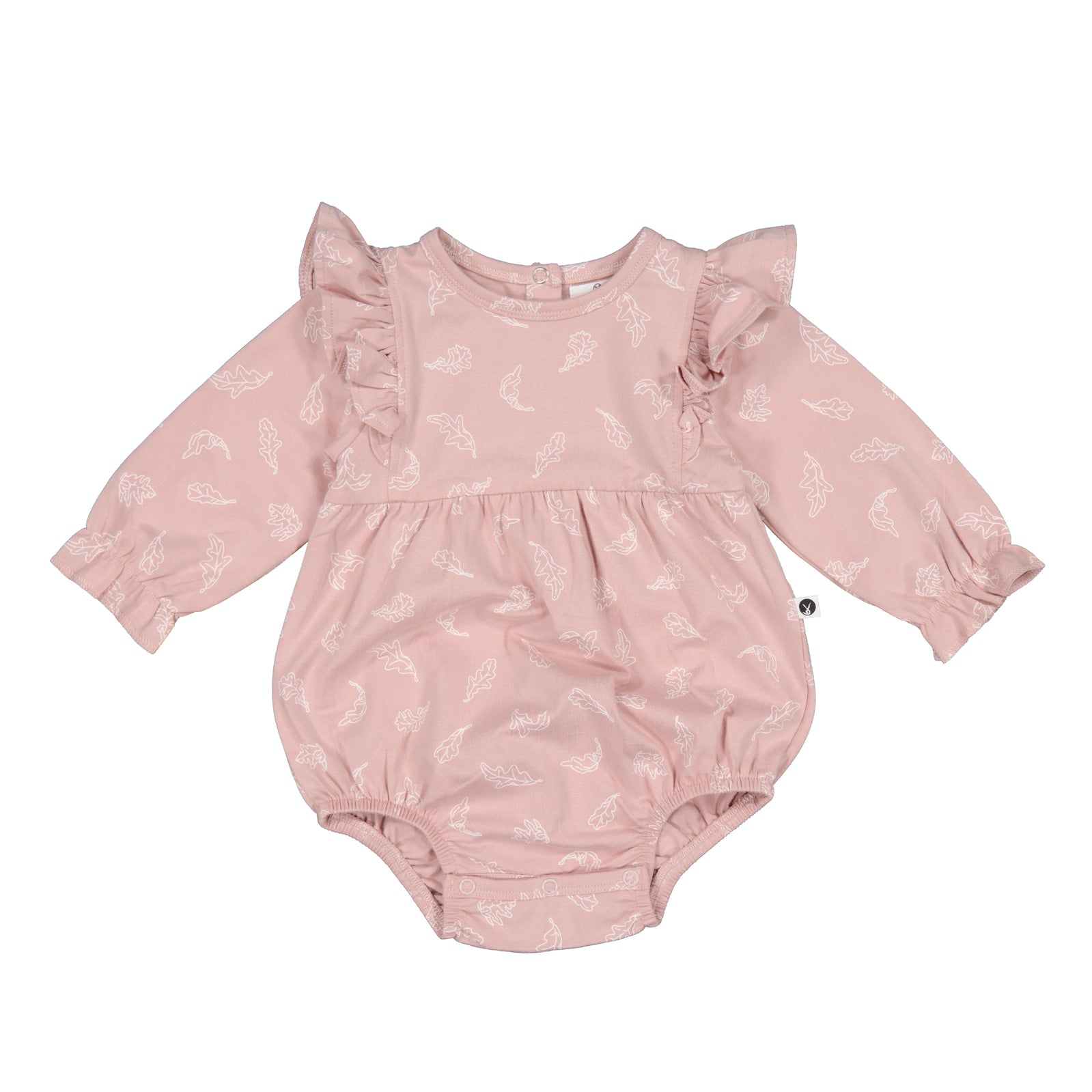 A pink long-sleeved baby romper with a subtle floral print, featuring a ruffled design at the chest and seat area.

