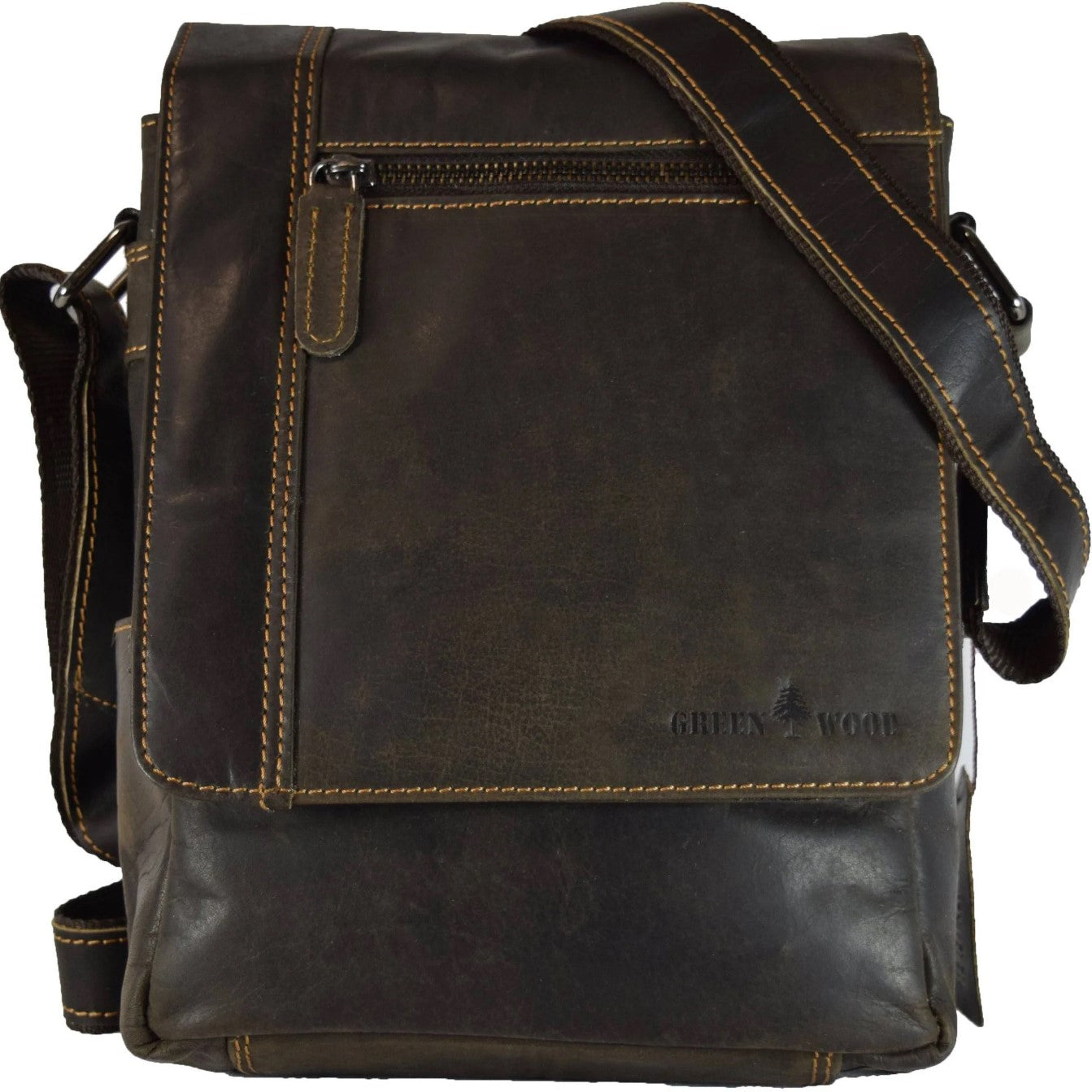 A brown leather crossbody bag with an adjustable strap, front pockets, and a zip closure.

