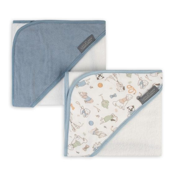 Two hooded baby towels, one blue and one with animal pattern, on a white background.