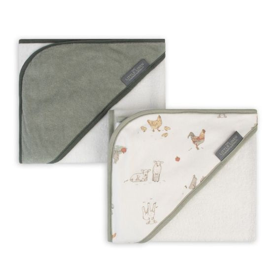 Two hooded towels, one green and one with animal prints, on a white background.