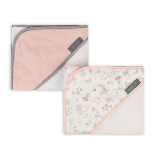 Two hooded towels, one pink and one with floral pattern, on a white background.