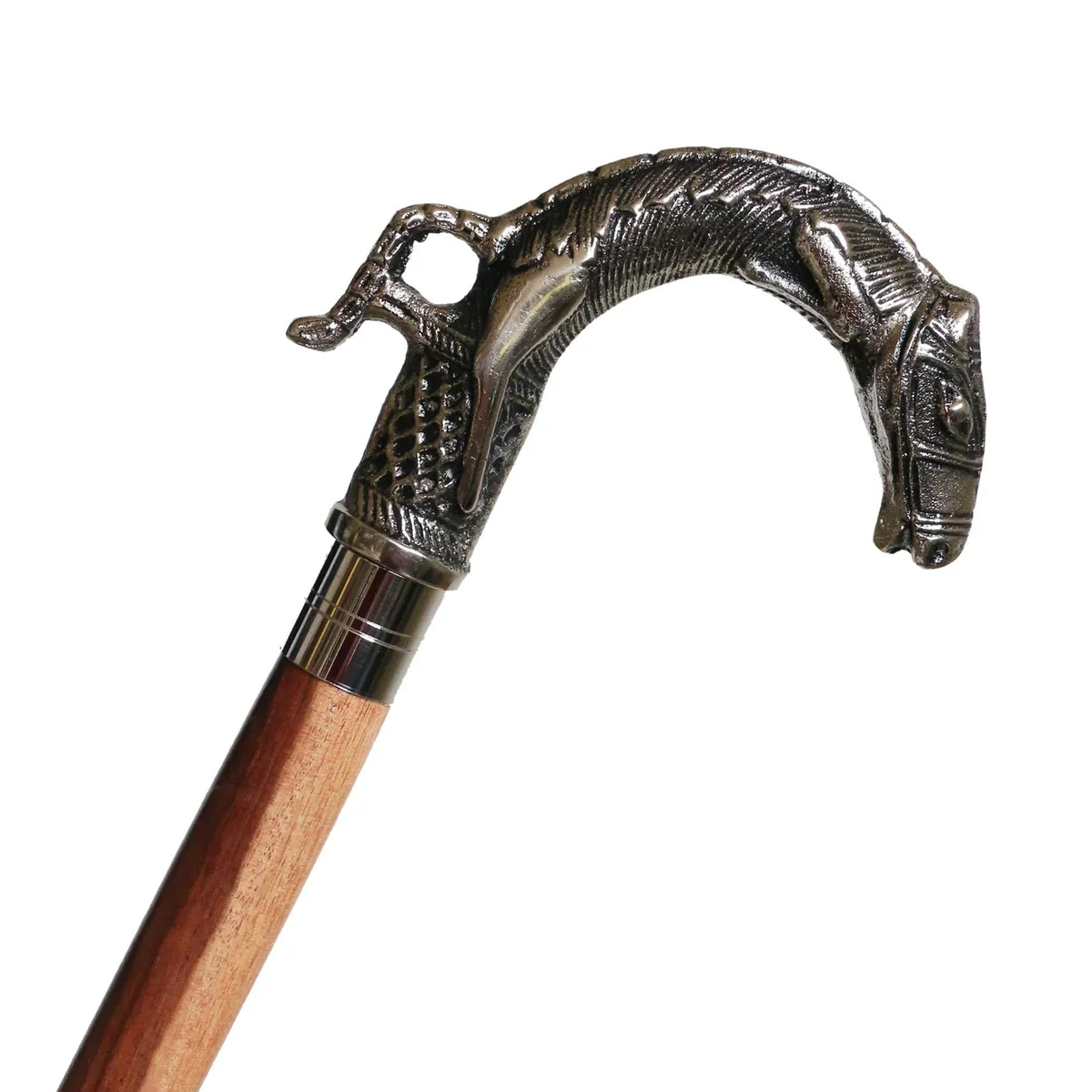 A close-up of a cane featuring an ornate horse-shaped metal walking stick 