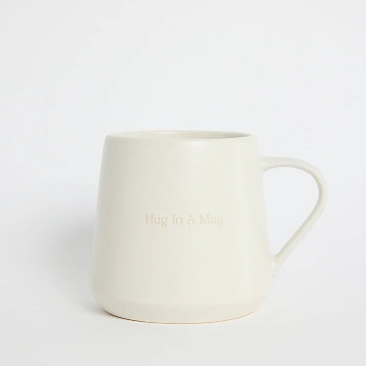 White mug with 'Hug in a Mug' text on a white background