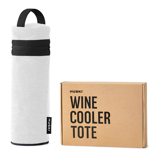 White Huski wine cooler tote with black zipper 