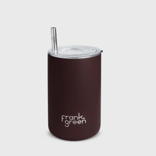 Brown reusable cup with a straw on a light gray background, featuring the brand 'frank green'.