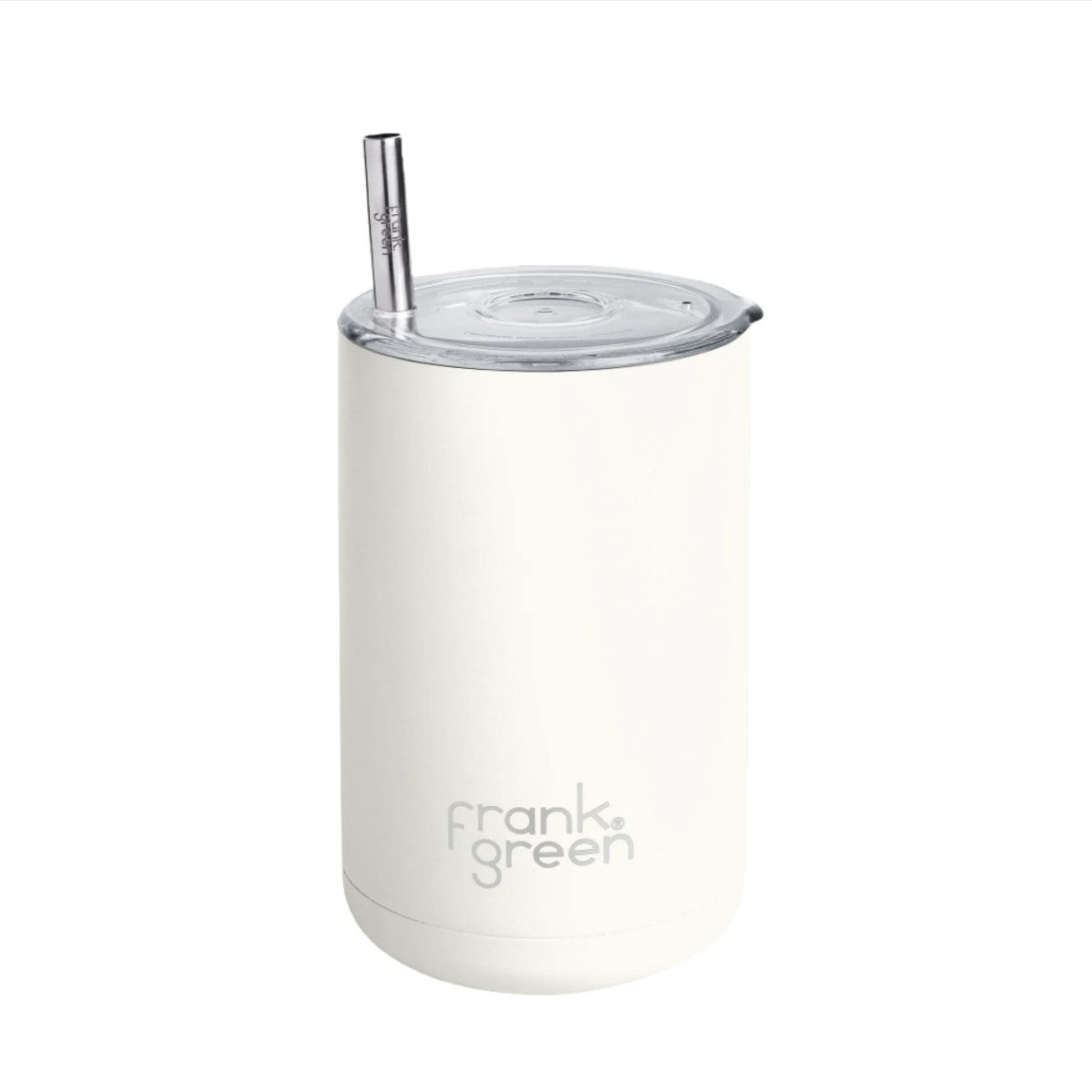 White reusable cup with a straw on a white background, featuring the brand 'Frank Green'.
