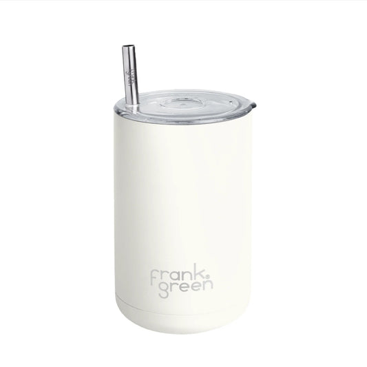 White reusable cup with a straw on a white background, featuring the brand 'Frank Green'.
