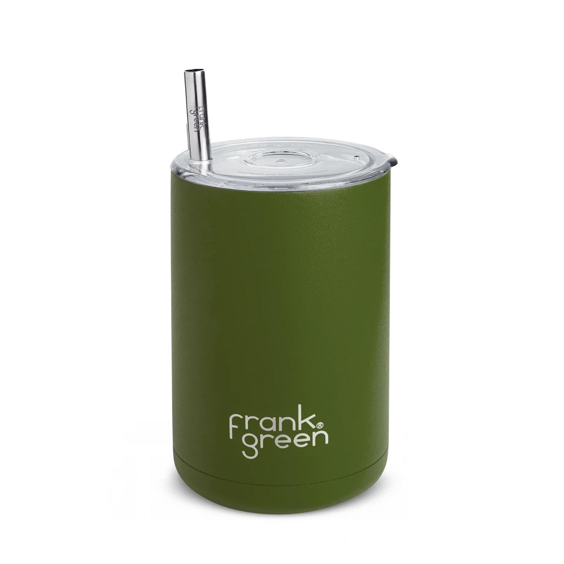 Green reusable cup with a straw on a white background, featuring the brand 'frank green'.