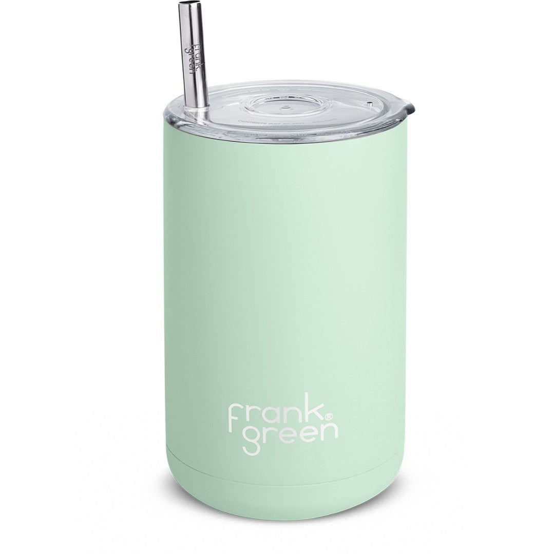 Mint green reusable cup with a straw on a white background