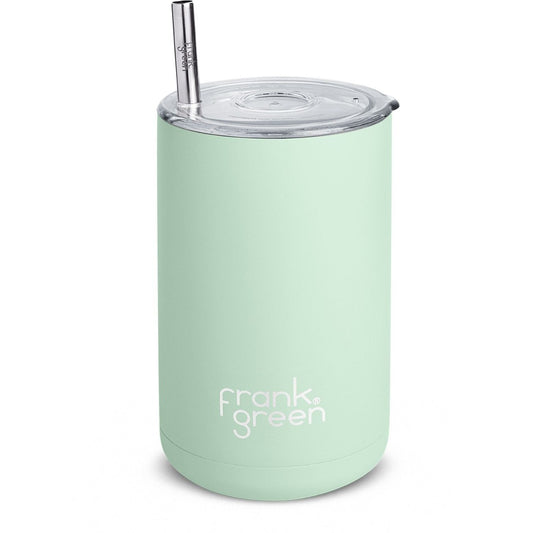 Mint green reusable cup with a straw on a white background