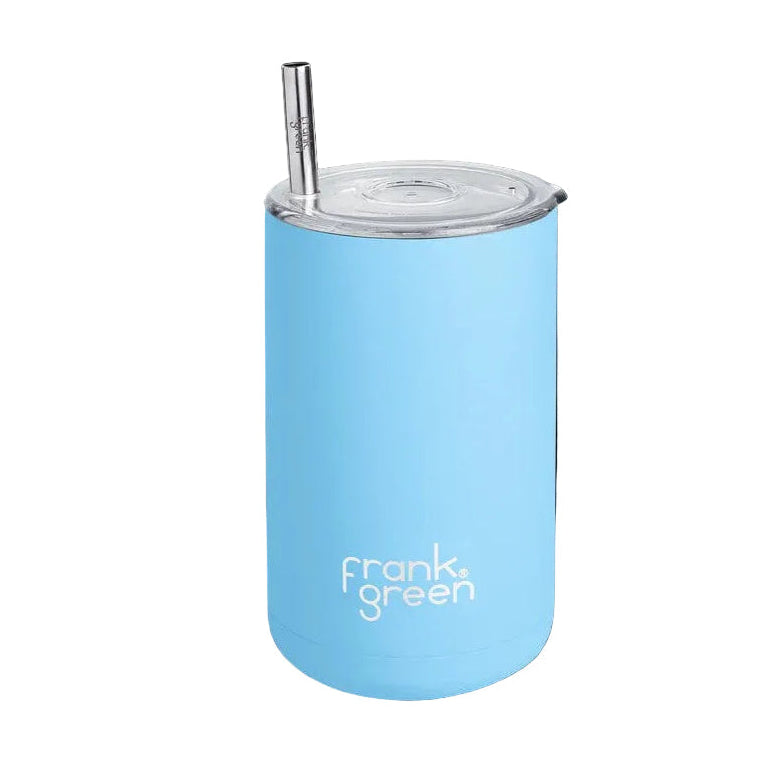 Light blue reusable cup with a straw on a white background