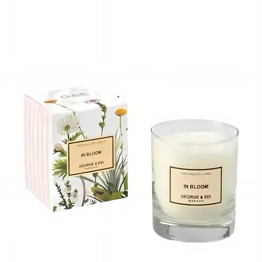 Candle labeled 'In Bloom' by George & Edi with packaging 