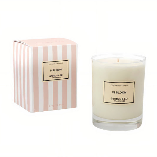 Candle labeled 'In Bloom' by George & Edi 