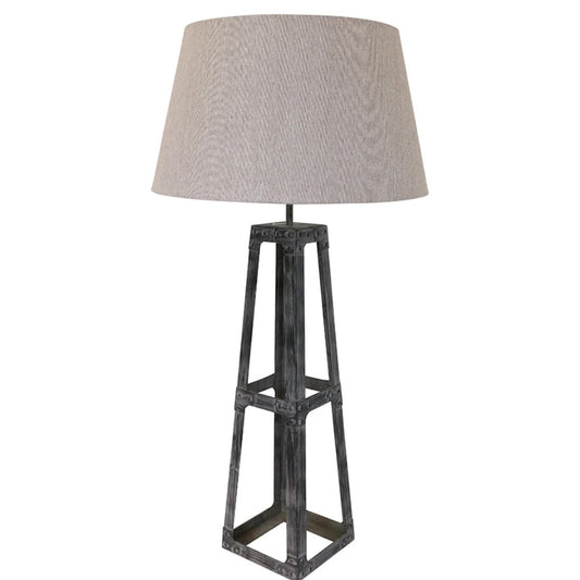 A Eiffel Metal Table Lamp with a grayish metal base and a beige tapered drum lampshade.