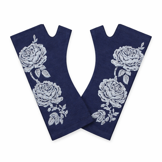 Pair of navy blue fingerless gloves with white floral patterns
