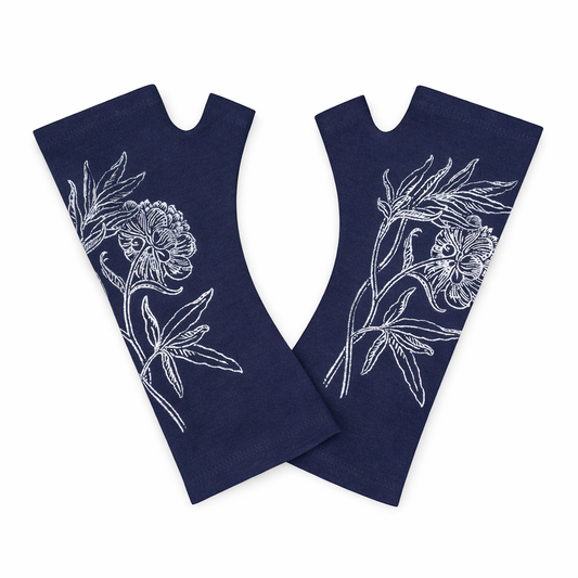Navy blue fingerless gloves with white floral patterns