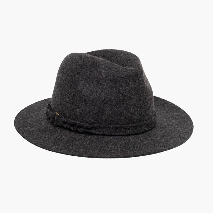 A charcoal gray Antler Jackson Fedora with a structured yet floppy brim, and an adjustable band.
