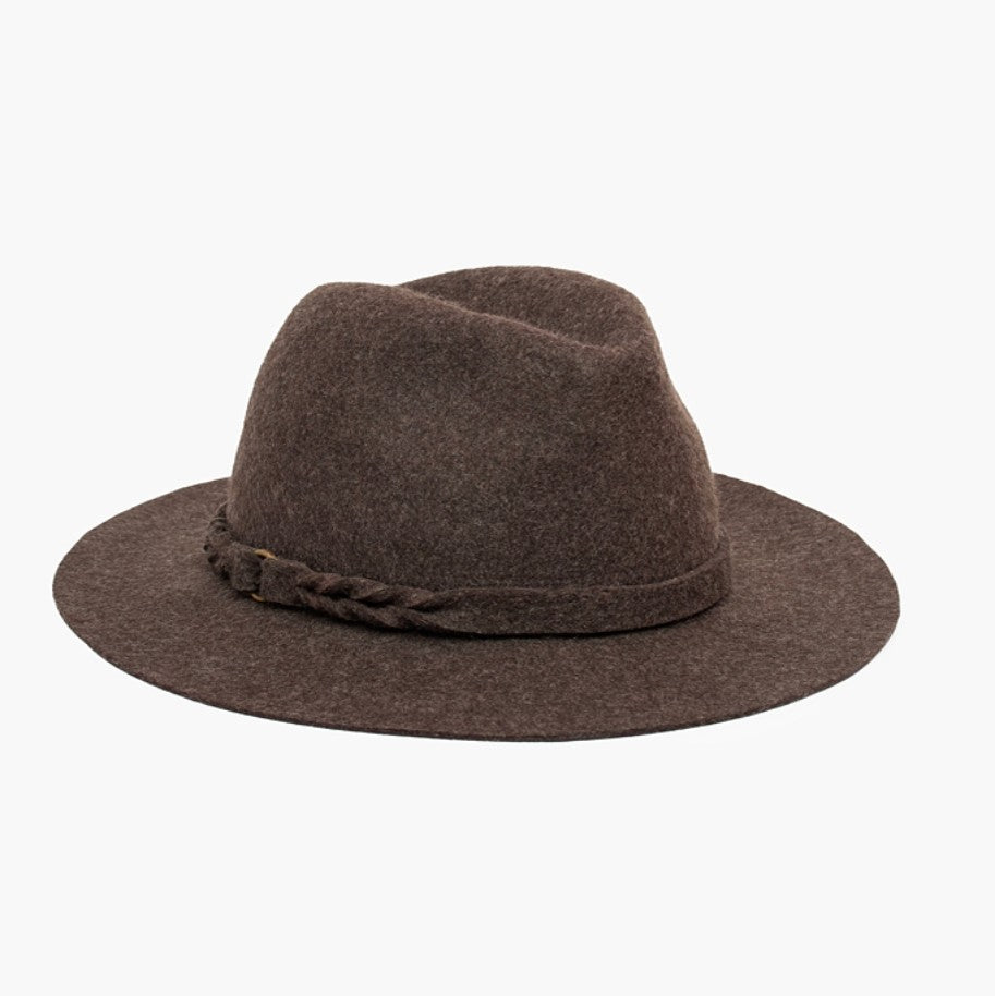 A brown wool fedora hat with a relaxed yet structured brim, featuring a braided detail around the base.