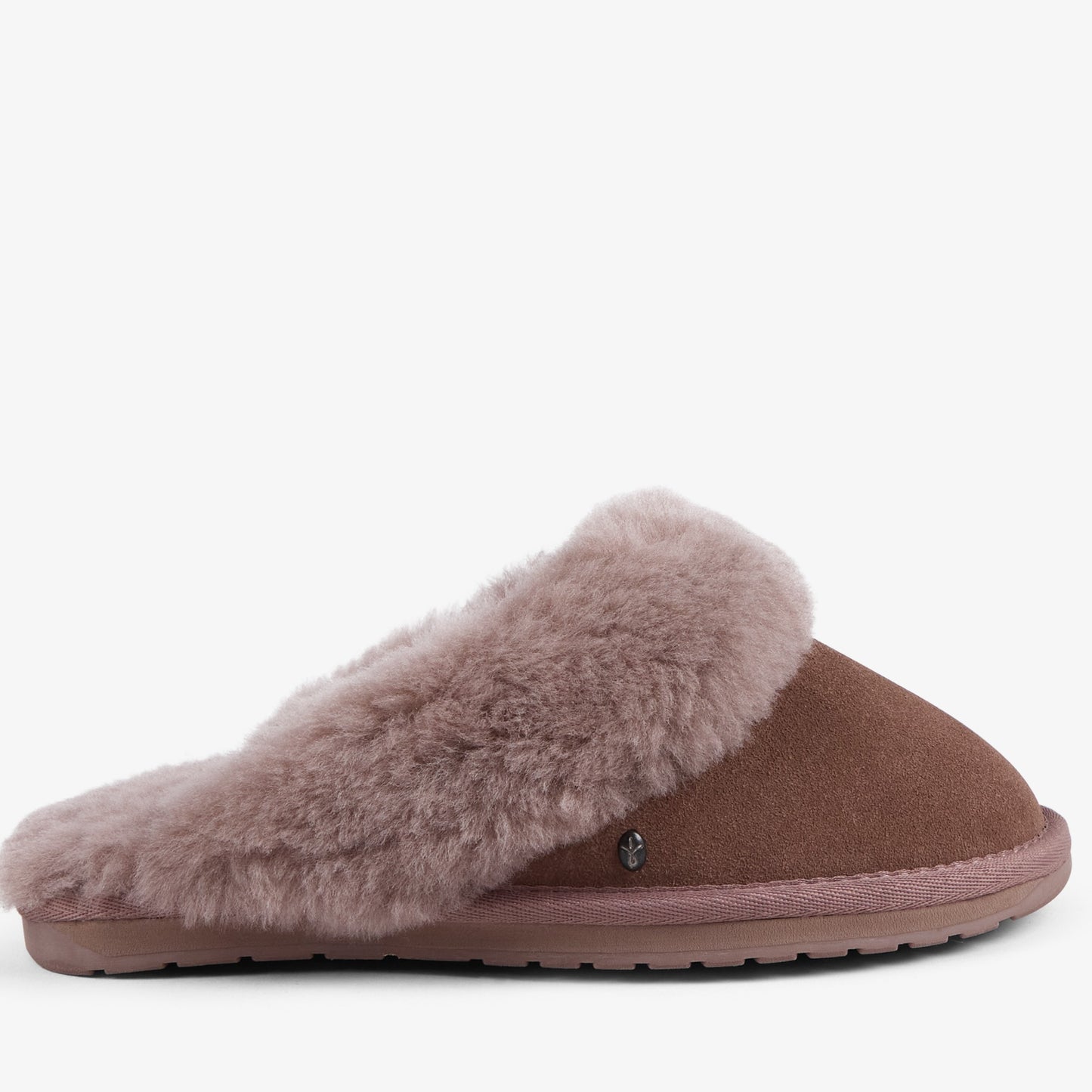 A single slip-on mule slipper in mocha suede with a soft, fluffy taupe faux-fur trim, shown from a side profile against a plain white background.