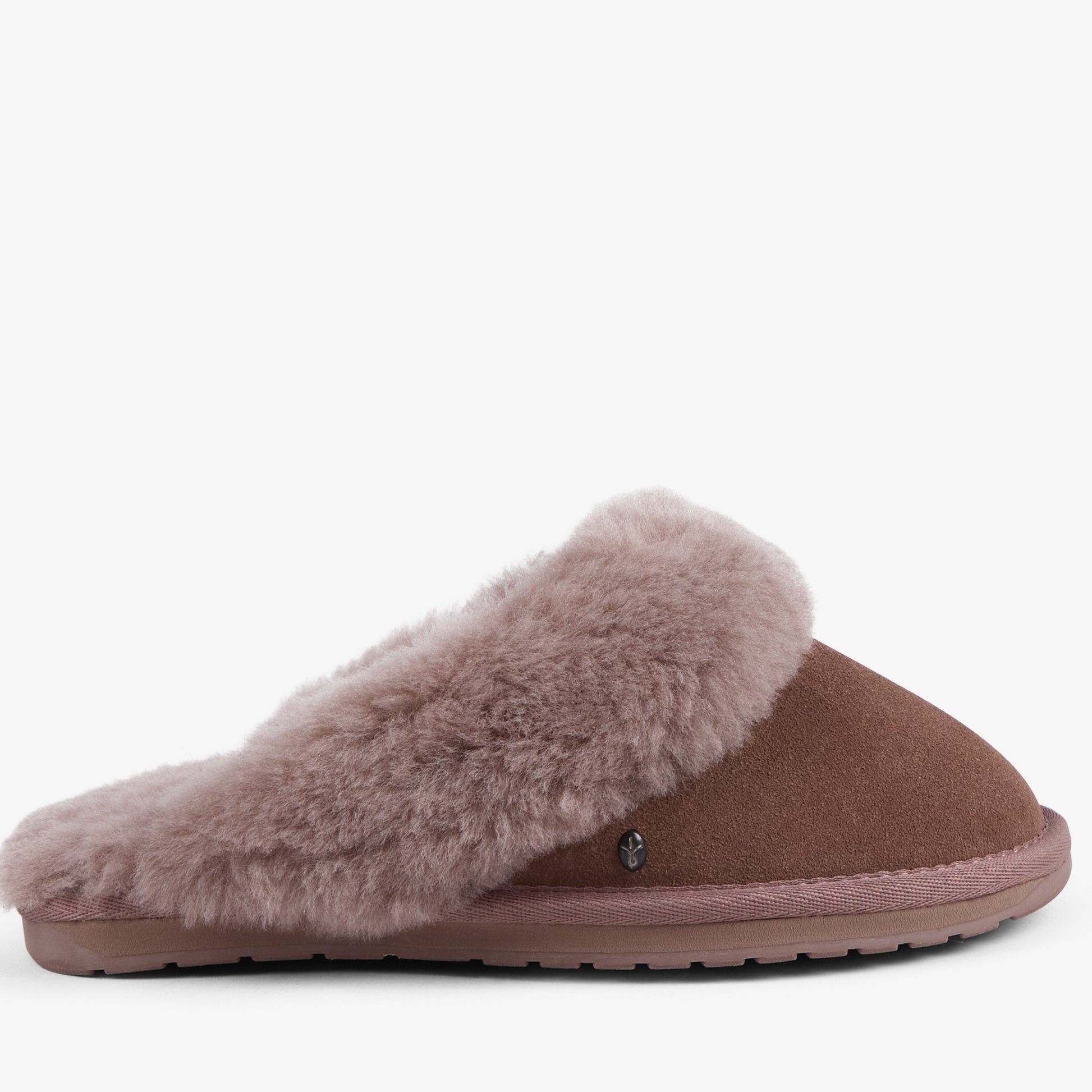 A single slip-on mule slipper in mocha suede with a soft, fluffy taupe faux-fur trim, shown from a side profile against a plain white background.