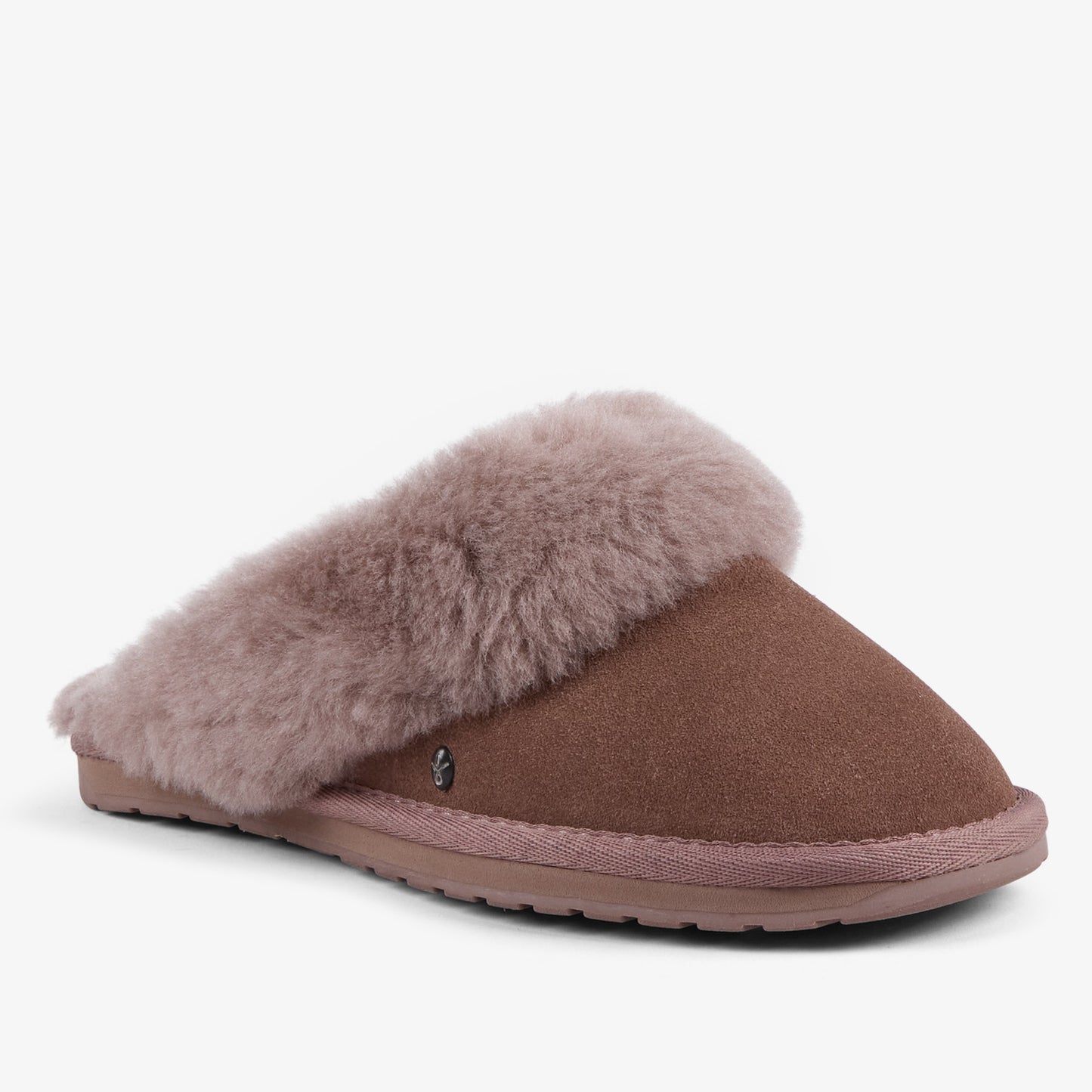 A single slip-on mule slipper in mocha suede with a soft, fluffy light taupe faux-fur trim, shown from a three-quarters angle on a light gray background.
