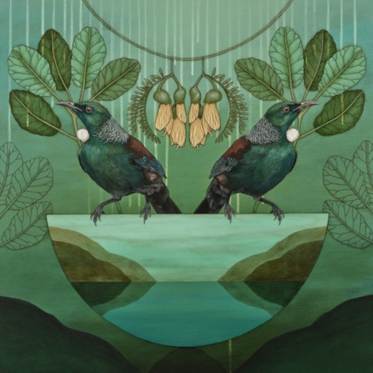 A boxed print featuring two stylized green and blue birds perched on a crescent moon, with a background of native plants and a rain-like pattern.