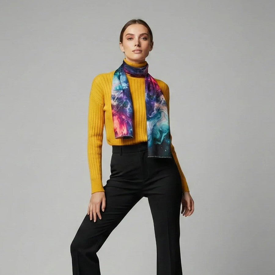 Woman wearing a yellow sweater and black pants with a colorful merino scarf on a gray background