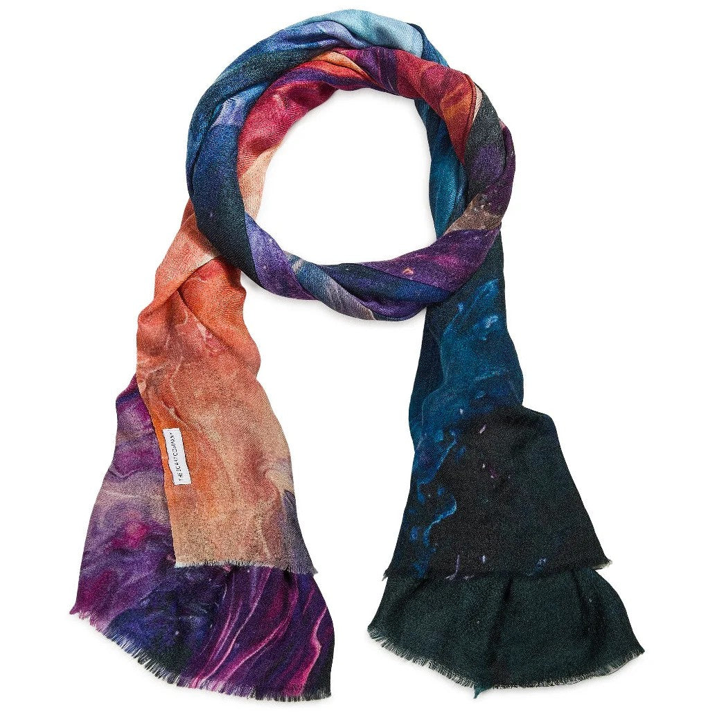 Multicolored merino scarf with a gradient pattern on a white background