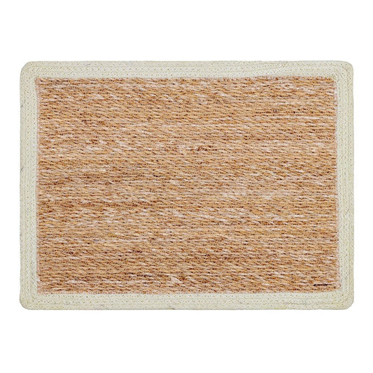 A rectangular jute placemat with a white border.