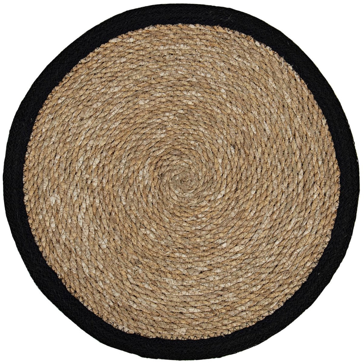 A round jute placemat with a contrast border, predominantly beige in color.