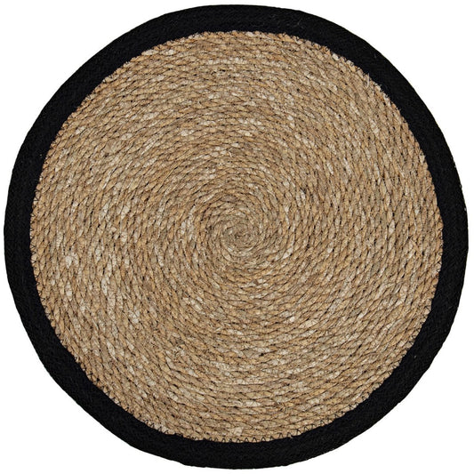 A round jute placemat with a contrast border, predominantly beige in color.