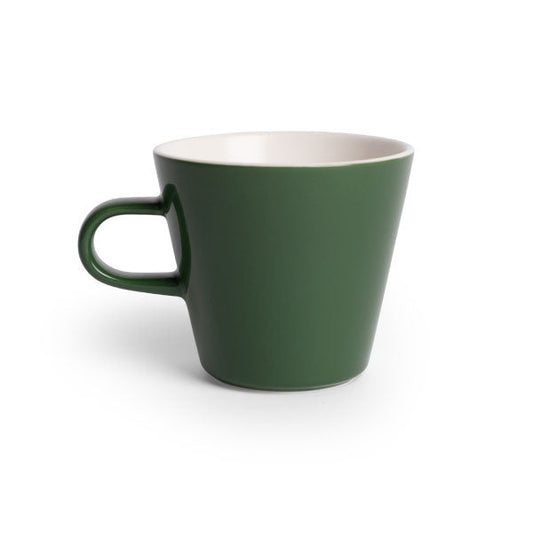 A dark green porcelain mug with a handle