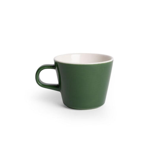 A dark green porcelain espresso cup with a handle