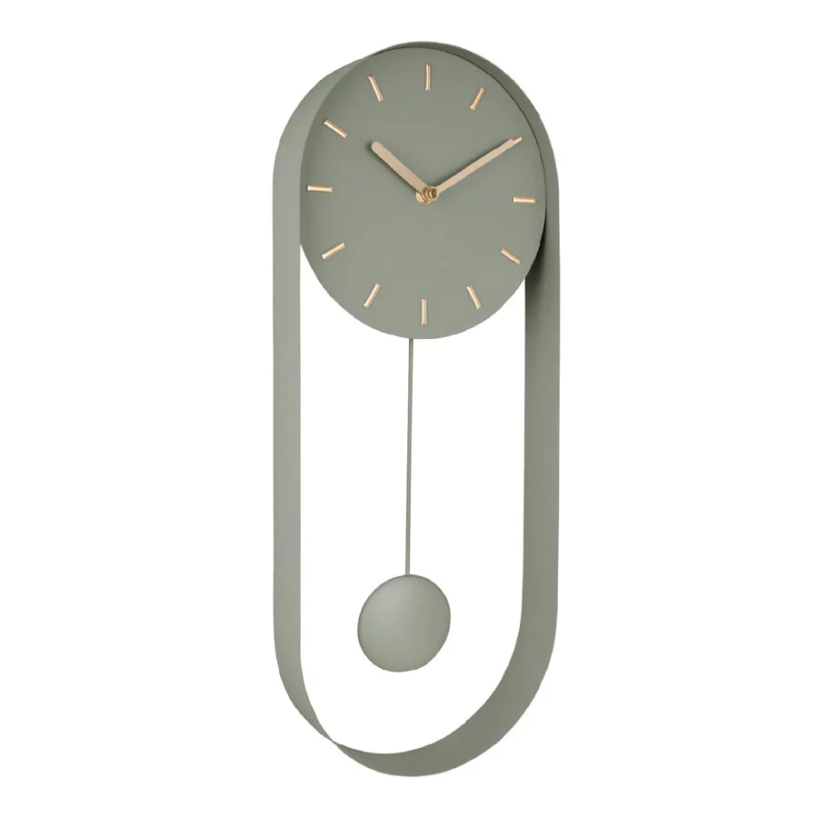 Green wall clock with pendulum on a white background